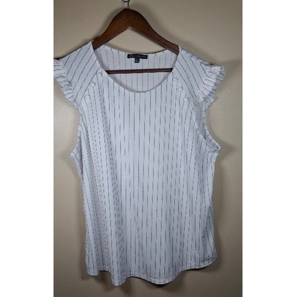 Adrianna Papell Women XL White Pinstripe Ruffle Sleeve Button Accent Blouse